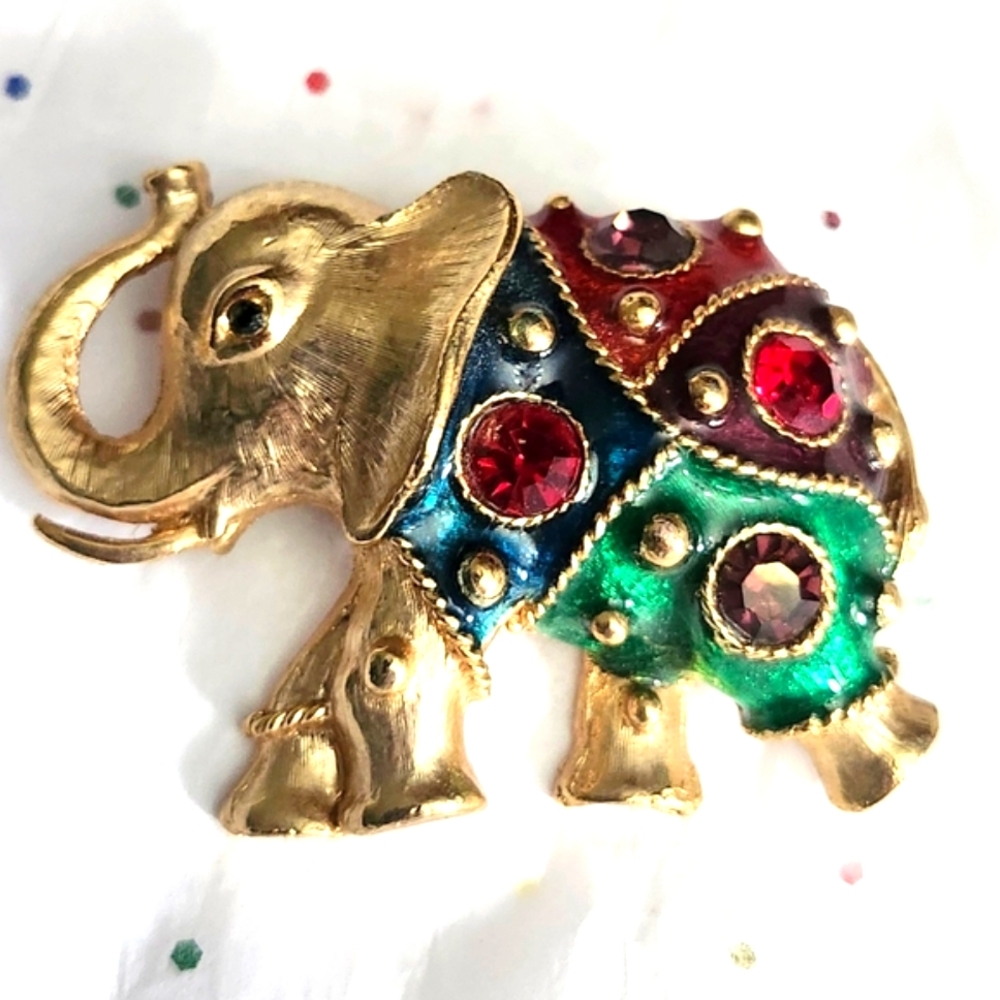 Vtg High End Rainbow Gem Enamel Elephant Pin Brooch